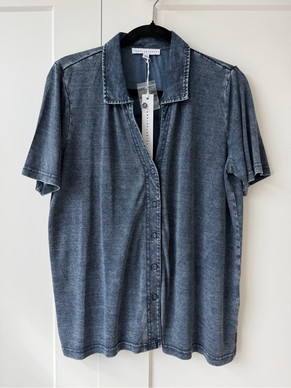 Soft denim jersey button front short sleeve tee